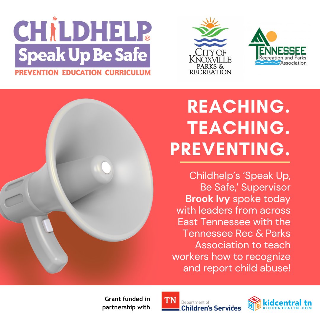 Today <a href="/Childhelp/">Childhelp</a> 'Speak Up, Be Safe' Supervisor (Brook Ivy) was invited by <a href="/CityKnoxvilleTN/">City of Knoxville</a> Parks &amp; Rec team to train <a href="/TnRecParks/">TRPA</a>  leaders from across East TN on how to recognize &amp; report child abuse &amp; neglect.  A special thanks to <a href="/TN_DCS/">TN DCS</a> for the grant to help children!