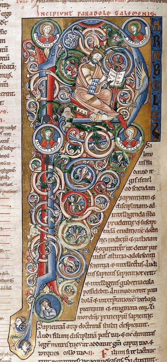 red_loeb's tweet photo. Solomon at the beginning of Proverbs surrounded by Wisdom, Prudence, Fortitude, and Justice

BL Harley 2799; 'The Arnstein Bible', Job to Revelation; c.1172 Germany, W.; f.57v @BLMedieval https://t.co/zzS3WR7IOL