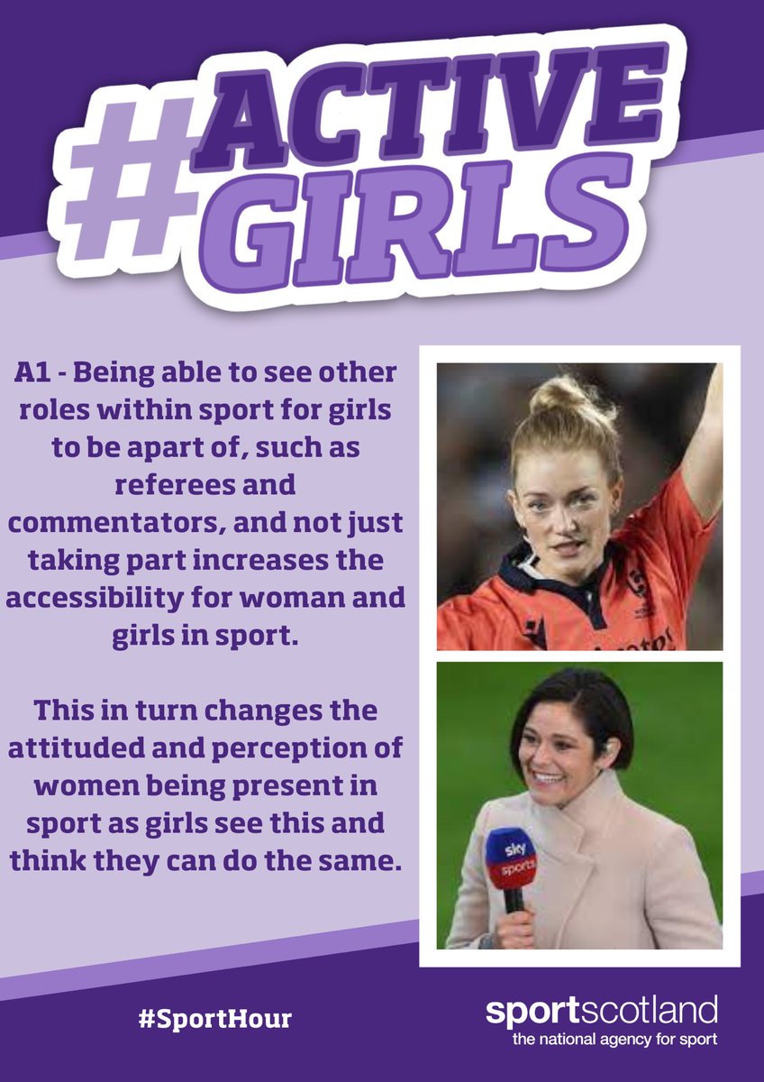 #SportHour

A1 - more representation of the different roles within sport, not just participating, increases accessibility for women and girls in sport 

#ActiveGirls