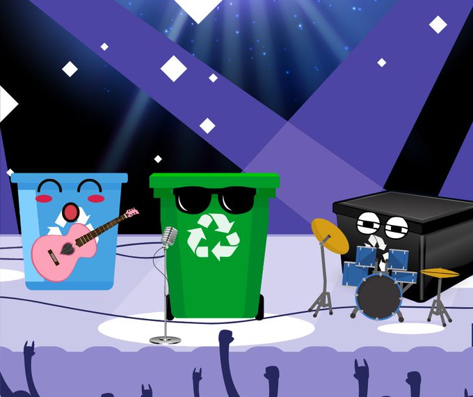 An anthropomorphized blue bin, green bin and black bin performing on stage as a rock band while a crowd cheers them on. 