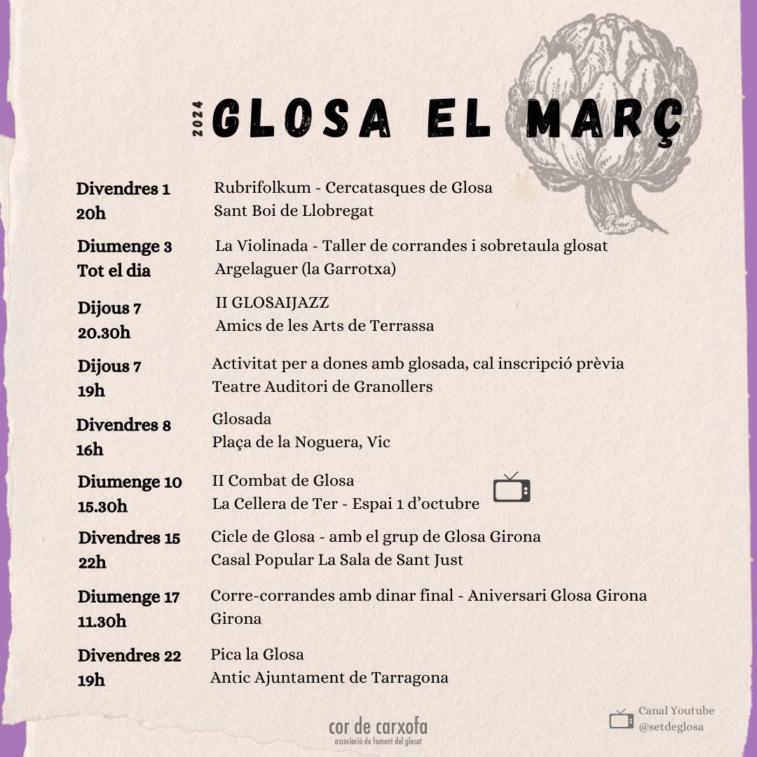 AGENDA | Aquest mes ve amb molta glosa! A l'agenda de Cor de Carxofa trobareu totes les activitats que farem arreu del territori.

On ens veiem? 

#MarçdeGlosa
