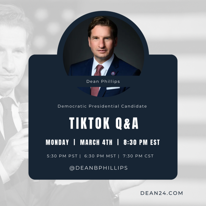 Dean (<a href="/deanbphillips/">Dean Phillips</a>) is taking questions on TikTok in just a few minutes!!! Tune in! tiktok.com/@deanbphillips #2024election #PresidentialElection #bidenalternative