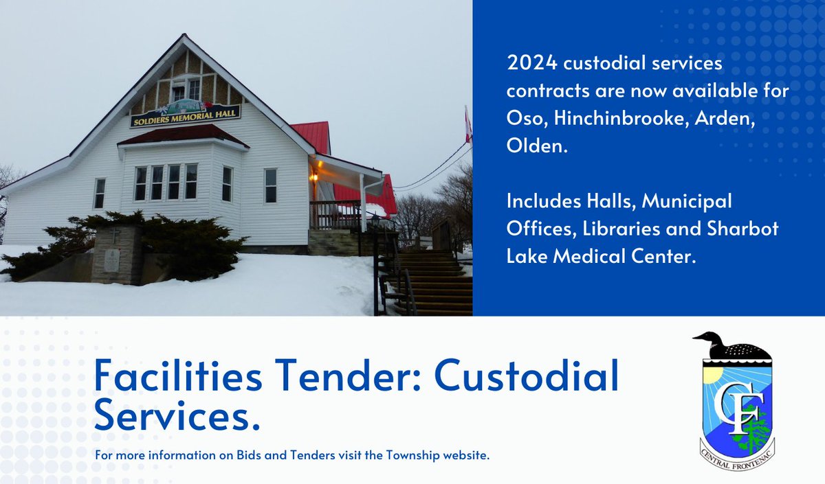 The 2024 Central Frontenac Custodial Tenders are now available. 

Tenders close March 22, 2024 at 1:00 pm. 
A mandatory site visit is required for all applicants.

To view full contracts please visit our website here: centralfrontenac.com/bidsandtenders/ or visit the Township office.