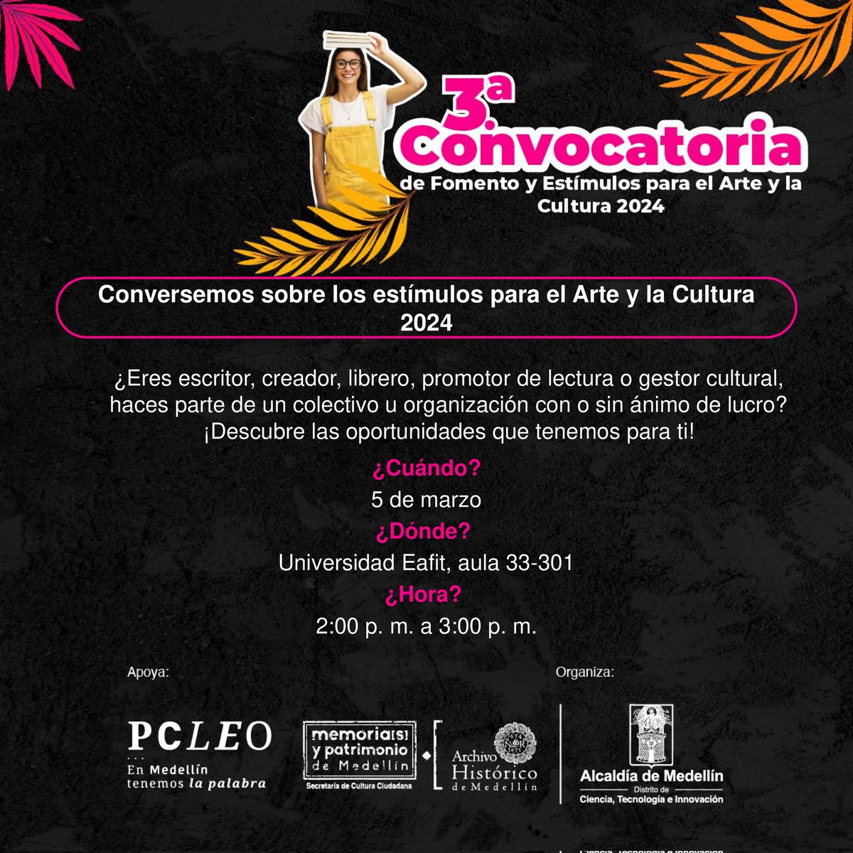 PlanLecturaMed's tweet photo. ✨Te invitamos a participar de las socializaciones 
de la Convocatoria programadas para esta semana.🗓️ La universidad EAFIT, la sede de 
Un nuevo error y la Biblioteca de La Floresta, son algunos de los espacios donde estaremos compartiendo los lineamientos.📝 https://t.co/RWYjBsaaC7