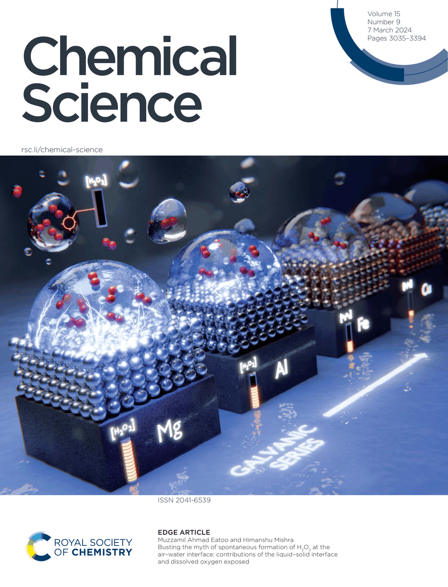 New illustration on the front cover of the latest @ChemicalScience issue! 'Busting the myth of spontaneous formation of H2O2 at the air–water interface'. Read it all here: pubs.rsc.org/en/Content/Art… Congratulations to Eatoo et al. @KAUST_News! #sciart #scicomm