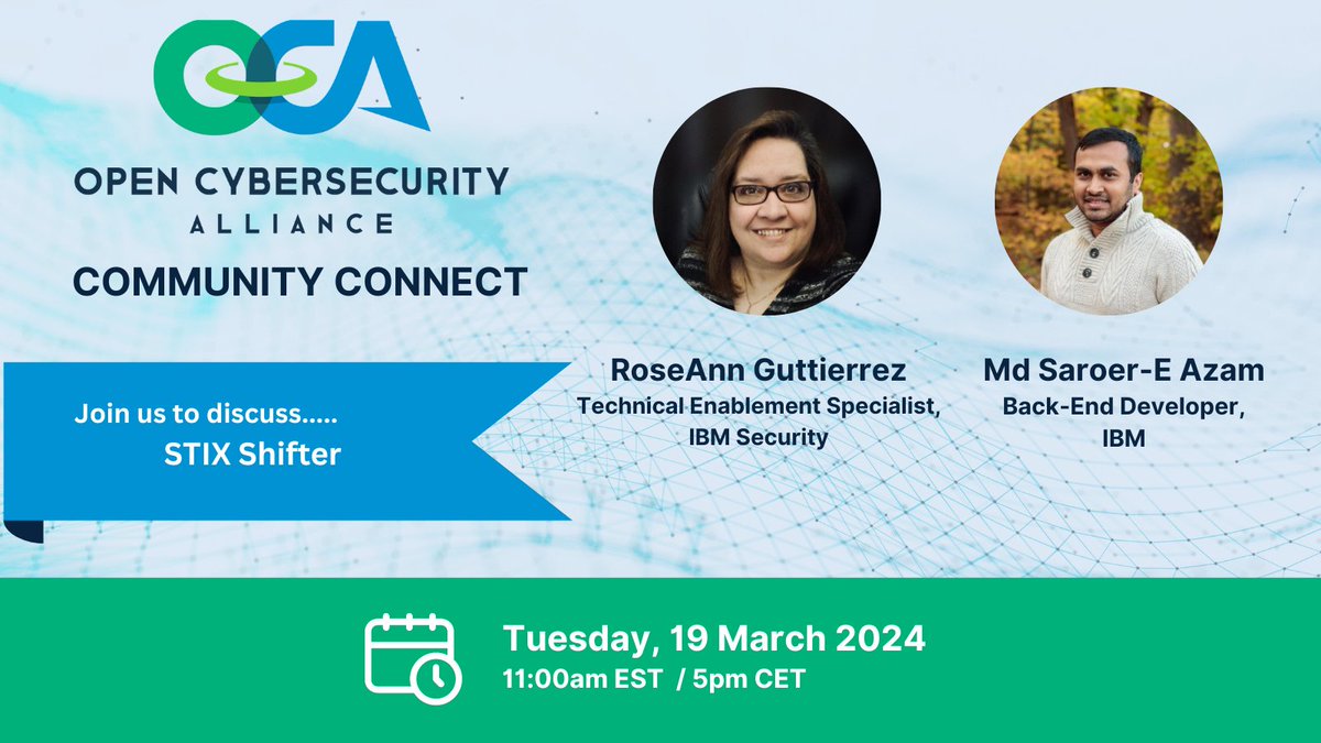 OpenCyberAllnc's tweet image. Join us on 19 March at 11am ET for Community Connect, hosted by IBM Security's RoseAnn Guttierrez. RoseAnn will welcome Md Saroer-E Azam, Back-end Developer, IBM, to discuss the #OCA sub-project, STIX Shifter.
linkedin.com/events/ocacomm…
#opensecurity #STIXshifter #cybersecurity