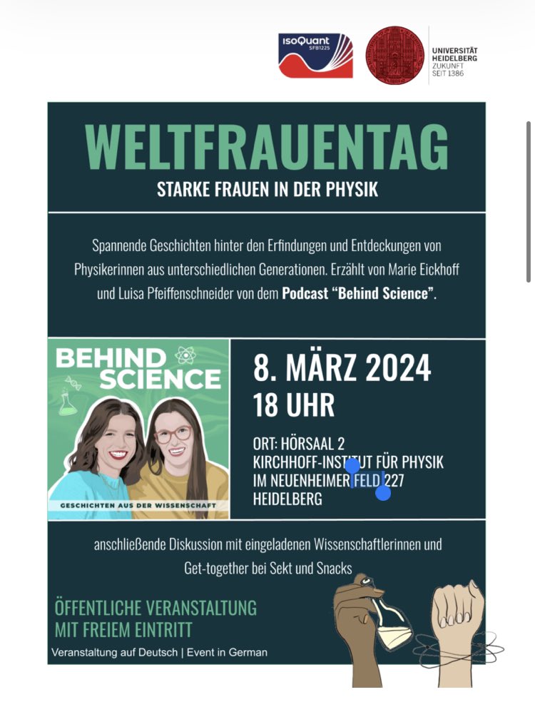 👩‍🔬International women’s day on Friday 08.03 🎤live podcast by behindscience and discussion with female physicists (in German) 📍6pm INF227, HS2 🥂See you there 😊 @Isoquant_hd