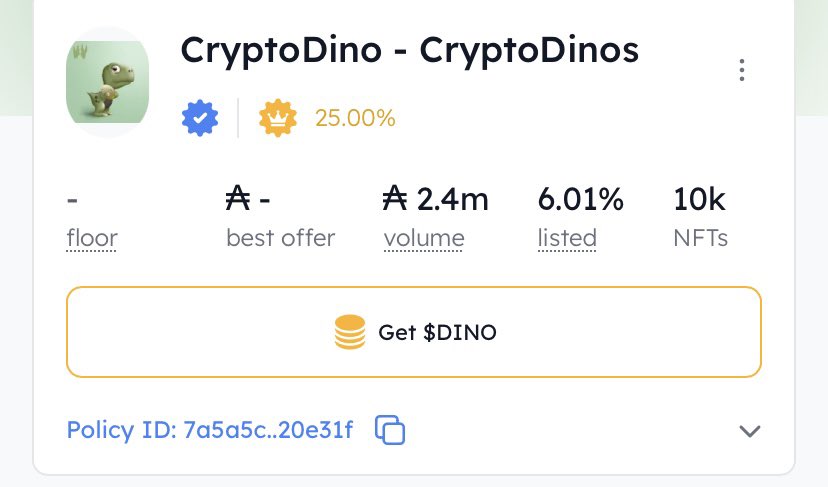 Exciting news!🚀 In our quest to nurture and sustain the $ADA #Cardano CryptoDino project, we're thrilled to announce a crucial update. 🌐 Starting now, we've adjusted the royalty fee for secondary marketplace purchases to 25% for all collections. 📈 Find out more on Discord.