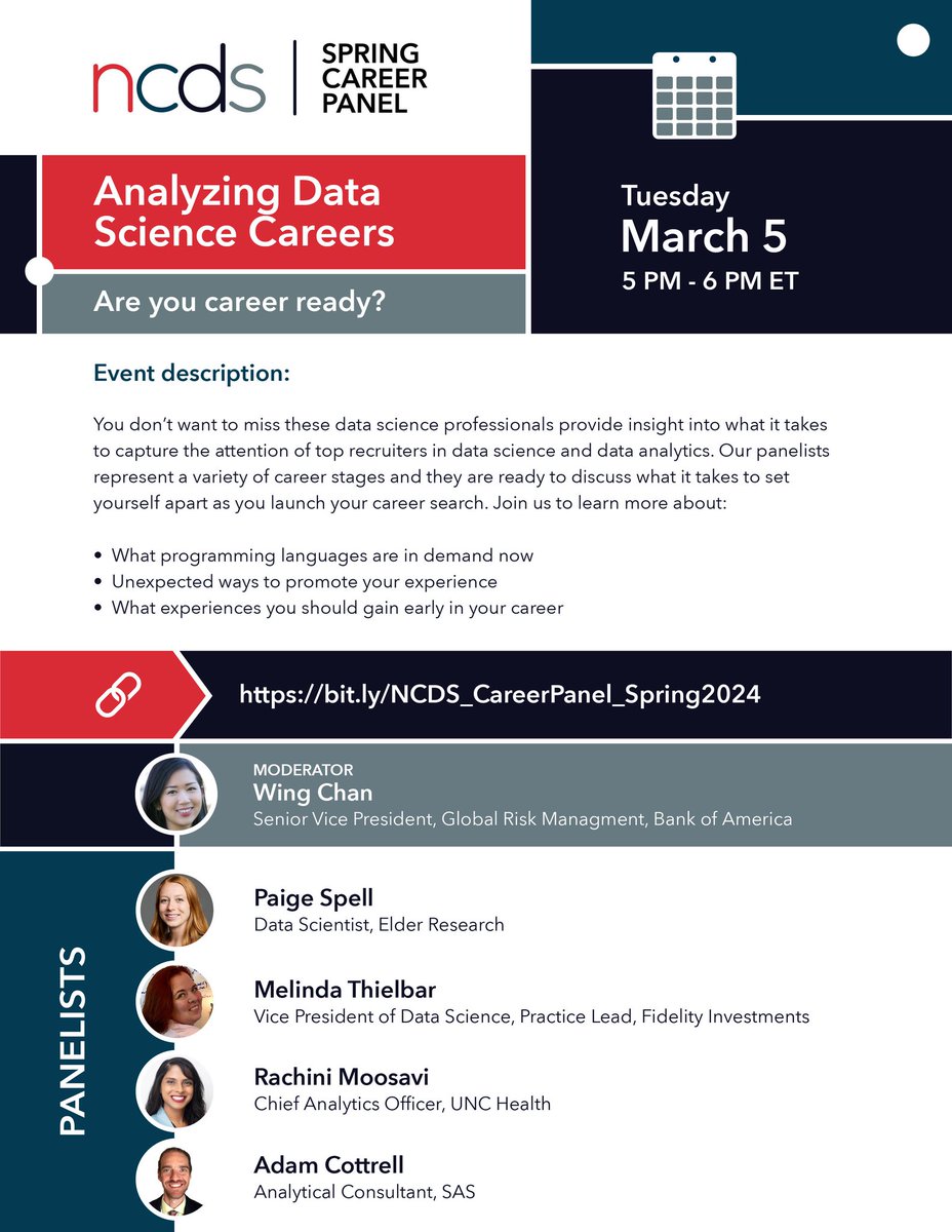 TheNCDS's tweet photo. Registration is open for #TheNCDS spring career panel! You won’t want to miss these #datascience professionals providing insight into what it takes to capture the attention of top recruiters in #datascience. #datasciencecareers #networking #dataanalytics

https://t.co/HcCr7V6ebP https://t.co/PwvIW466S3
