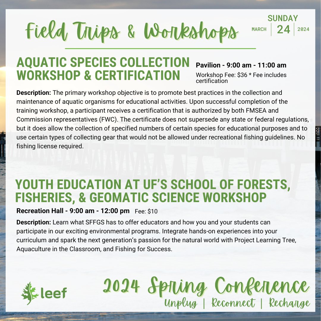 Are you registered for the 2024 LEEF Spring Conference yet? Last day to register is March 13, 2024. SWIPE to see some of the amazing field trips we have planned and be sure to save your spot at: leef-florida.org/CONFERENCES
