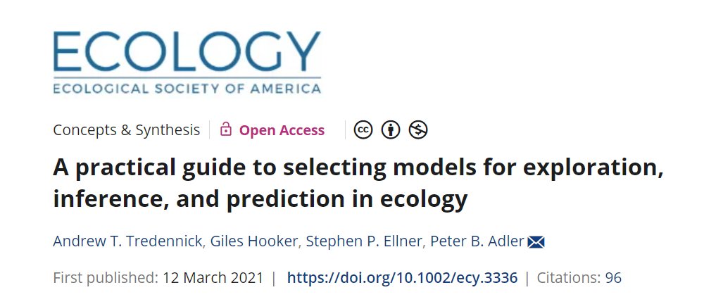 Mason Fidino, PhD (@masonfidino) on Twitter photo I've been sharing this paper over and over again with colleagues as I've found it to be a VERY helpful way to frame a research project to ensure your statistical models reflect project goals (e.g., inference vs. prediction). Definitely worth the read!
esajournals.onlinelibrary.wiley.com/doi/full/10.10… I've been sharing this paper over and over again with colleagues as I've found it to be a VERY helpful way to frame a research project to ensure your statistical models reflect project goals (e.g., inference vs. prediction). Definitely worth the read!
esajournals.onlinelibrary.wiley.com/doi/full/10.10…