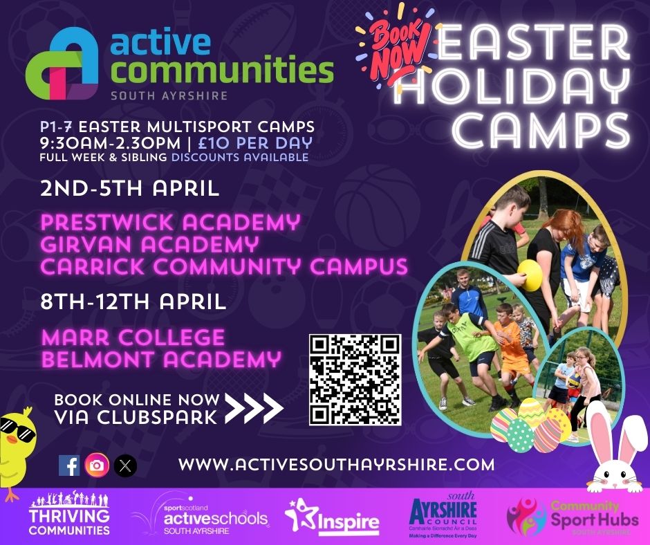 📢 Our P1-7 Easter MultiSport Camps are now LIVE and bookable online: shorturl.at/hvNT3 2-5 April: Prestwick, Girvan and Carrick 8-12 April: Troon and Ayr Plus Active Minis pre-school sessions each day! 🕤 09.30-14.30 each day 🪙 £10 - discounts available. @CLD_SAC