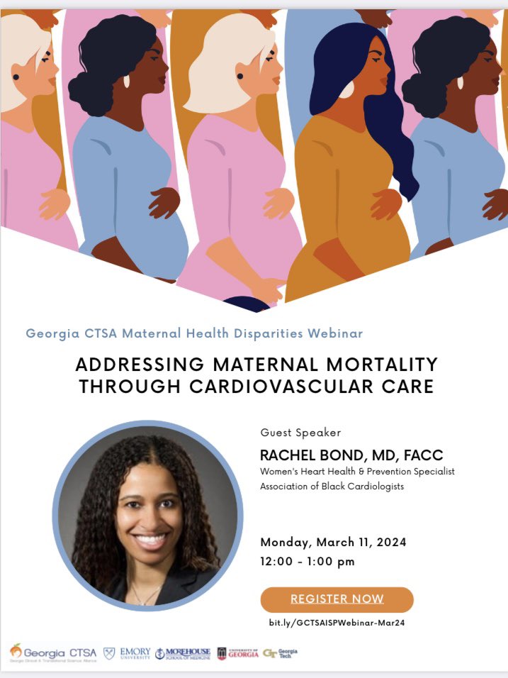 📌Join us via Zoom next Monday, March 11, 12:00-1:00PM #MaternalHealthDisparities Roundtable. @DrRachelMBond will be leading session: Addressing Maternal Mortality Through Cardiovascular Care♥️

➡️Register: zoom.us/meeting/regist…

#womenshearthealth
#CTSAProgram