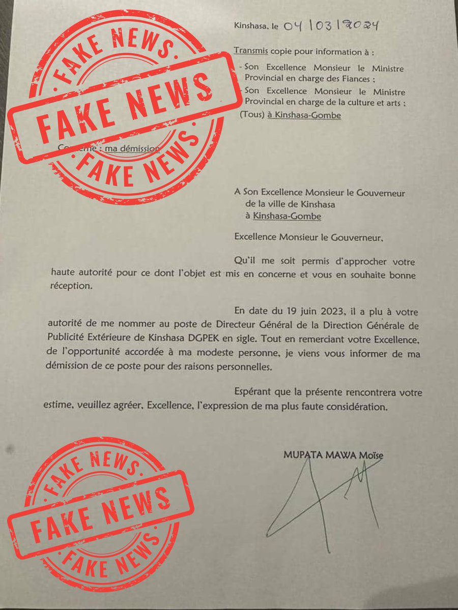 #RDC #STOPINTOX
Après avoir échangé avec le DG de la DGPEK @moise_mupata, nous tenons à dénoncer cette fausse information mise en circulation par ses détracteurs. Le DG @moise_mupata n'a jamais écrit une quelconque lettre  de démission à l'intention du Gouverneur.
STOP FAKENEWS