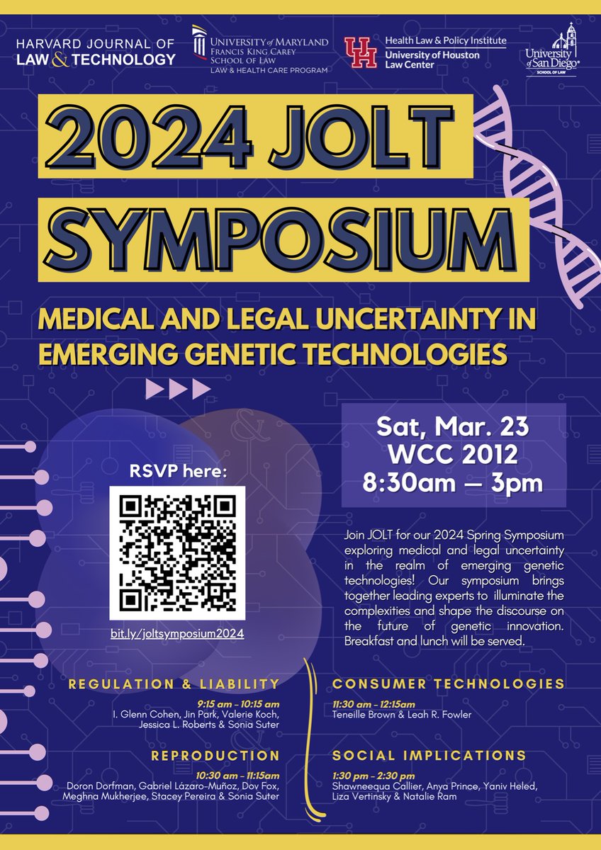 Stoked to be part of @HarvardJOLT symposium on Medical and Legal Uncertainty in Emerging Genetic Technologies organized by @jrobertsuhlc, Dov Fox (@USanDiegoLaw) & Natalie Ram (@UMDLaw) on March 23! W @CohenProf @_leahrfowler @vgkoch @smsuter @TeneilleBrown @YanivHeled & others🧬