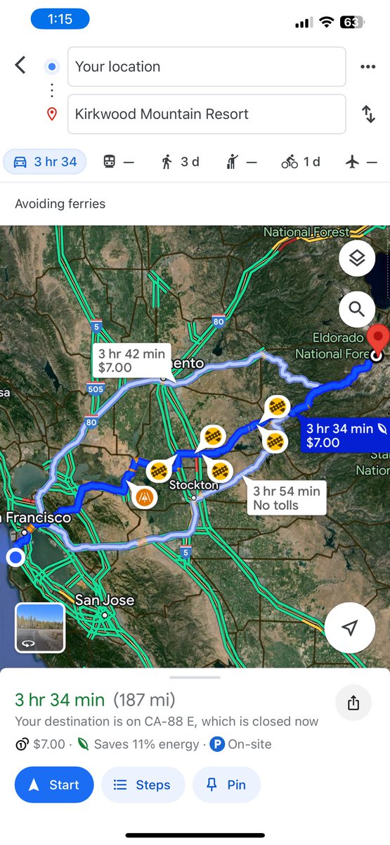 joshchan's tweet image. Pretty easy to miss the grey text that CA-88E “is closed now”. Can’t see the red closure icons unless you zoom in, and can start nav to @KirkwoodMTN with no prompt that the route is impassable! Not a UI/UX designer, but thinking there’s room for improvement @googlemaps