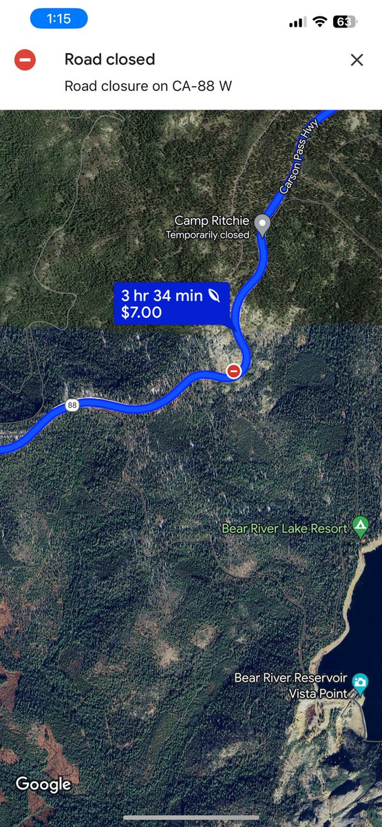 joshchan's tweet image. Pretty easy to miss the grey text that CA-88E “is closed now”. Can’t see the red closure icons unless you zoom in, and can start nav to @KirkwoodMTN with no prompt that the route is impassable! Not a UI/UX designer, but thinking there’s room for improvement @googlemaps
