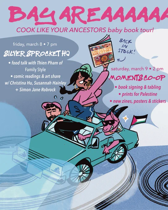 SF &amp; OAKLAND come thruuu 
this weekend has some dope artist talks &amp; comic readings! i'll be sharing prints for  p🍉lestine, debuting some new printed works &amp; generally celebrating the restocking of COOK LIKE YOUR ANCESTORS in some excellent company ✨ 