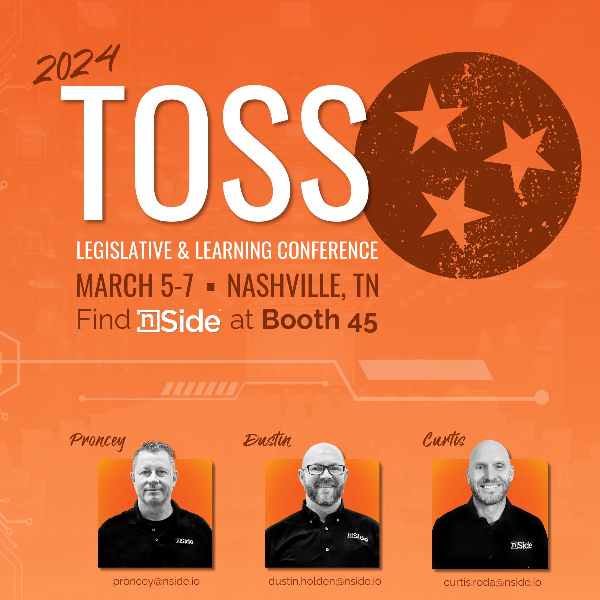nSideApp's tweet image. nSide's Curtis Roda, Dustin Holden, and Proncey Robertson will be attending the TOSS Legislative and Learning Conference in Nashville, TN, this week! Make sure to stop by Booth #45 to learn more about how nSide can help your schools!🏫
#SchoolSafety #nSidePlatform #TOSSConference