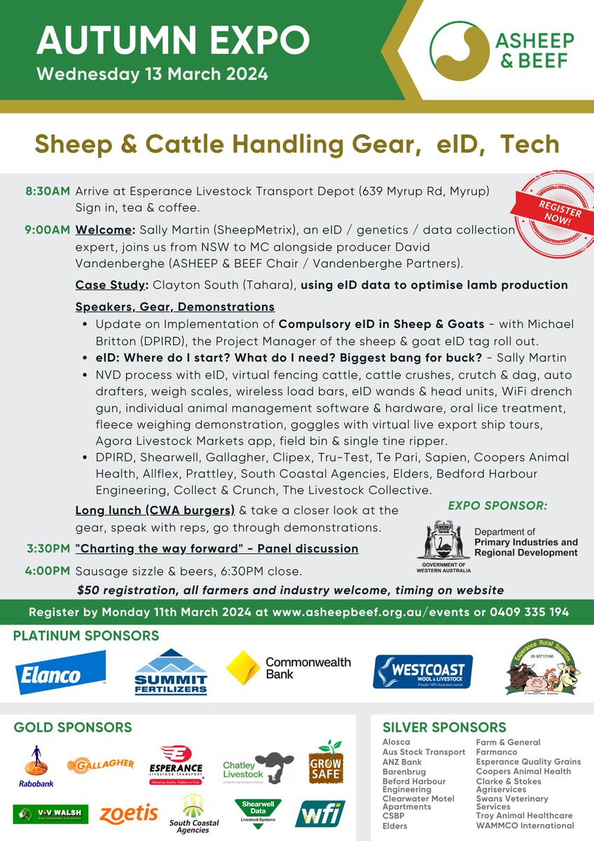 Get your registration in for the Autumn Expo next Wed 13 March! asheepbeef.org.au/events

<a href="/sallymartin777/">Sally Martin</a> <a href="/wattle_dale/">David Vandenberghe</a> <a href="/ShearwellAust/">Shearwell Australia</a> <a href="/GallagherAMAU/">Gallagher Animal Management Australia</a> <a href="/DPIRDbroadacre/">DPIRD Broadacre - WA Grains & Livestock</a> <a href="/CJSouth6/">Clayton South</a> <a href="/ClipexAustralia/">Clipex</a> <a href="/TruTestGroup/">Tru-Test Group</a> <a href="/kojonupag/">kojonupagsupplies</a> <a href="/ThomasPengilly/">Thomas Pengilly</a> <a href="/livestock_the/">The Livestock Collective</a>