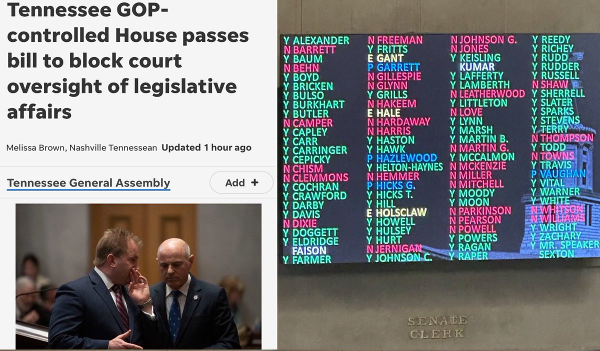 ⚡️JUST NOW: “Tennessee House Republicans passed <a href="/GinoBulso/">Gino Bulso</a>’s (unconstitutional) legislation to block state courts from hearing challenges to any rules or policies the General Assembly passes…” 

Checks &amp; balances no longer a thing in Tennessee. 🤷🏻 🫤
tennessean.com/story/news/pol…