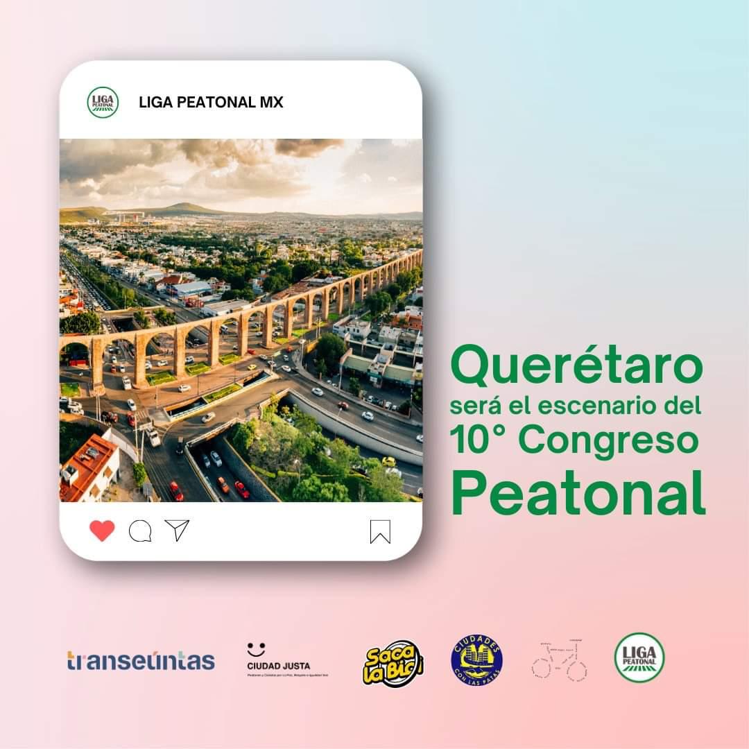 Sabemos que la ciudad de Querétaro está pasando por un momento clave en temas de movilidad. Hoy nos llena de emoción compartirles que será sede del #10moCongresoPeatonal gracias al esfuerzo de varias colectivas. Pronto compartiremos más información 🚶🏽‍♂️👩🏼‍🦽💚🚶🏾‍♀️🏃🏾‍♂️