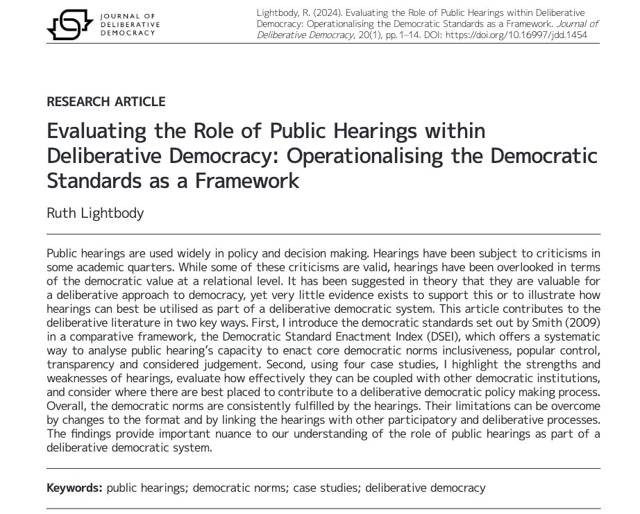 Publication alert!📝 What's the democratic value of public hearings? In her new article, @RuthLightbody @CaledonianNews analysed public hearings' capacity to enact core democratic norms. 👉 delibdemjournal.org/article/id/145…