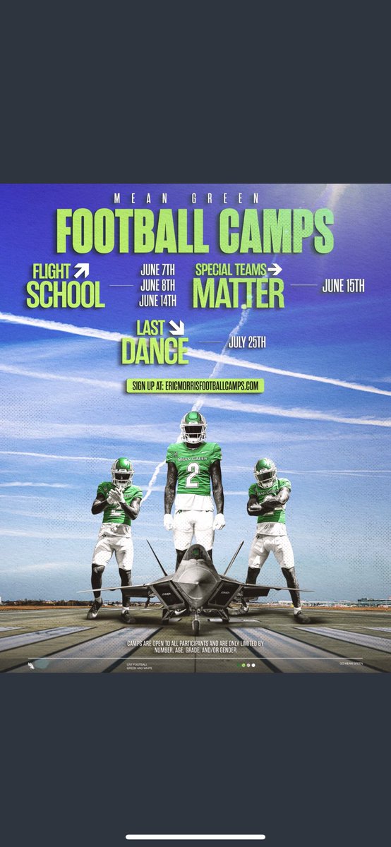 Thank you @JasonMartinezz For the camp invite . Excited to Show up and compete . @CBruce_Sr @DKMOne3 @PrepRedzoneTX @UNTCoachStad @EthanRusso_UNT @coachbrenthilde @pressure7v7 🟢⚪️