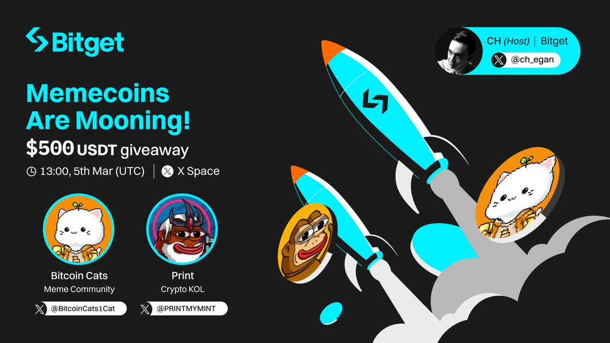 🚀 Join our X Space TODAY at 13:00 UTC! 

We're teaming up with <a href="/BitcoinCats1Cat/">Bitcoin Cats</a> and <a href="/PRINTMYMINT/">☆ 𝔭𝖗𝖎𝖓𝖙 ☆</a> to explore the explosive rise of #memecoins!

🎁 500 $USDT Giveaway (10 winners) 
✅ Follow @bitgetglobal 
✅ RT, like &amp; tag your pals 
✅ Join us: x.com/i/spaces/1ypKd…