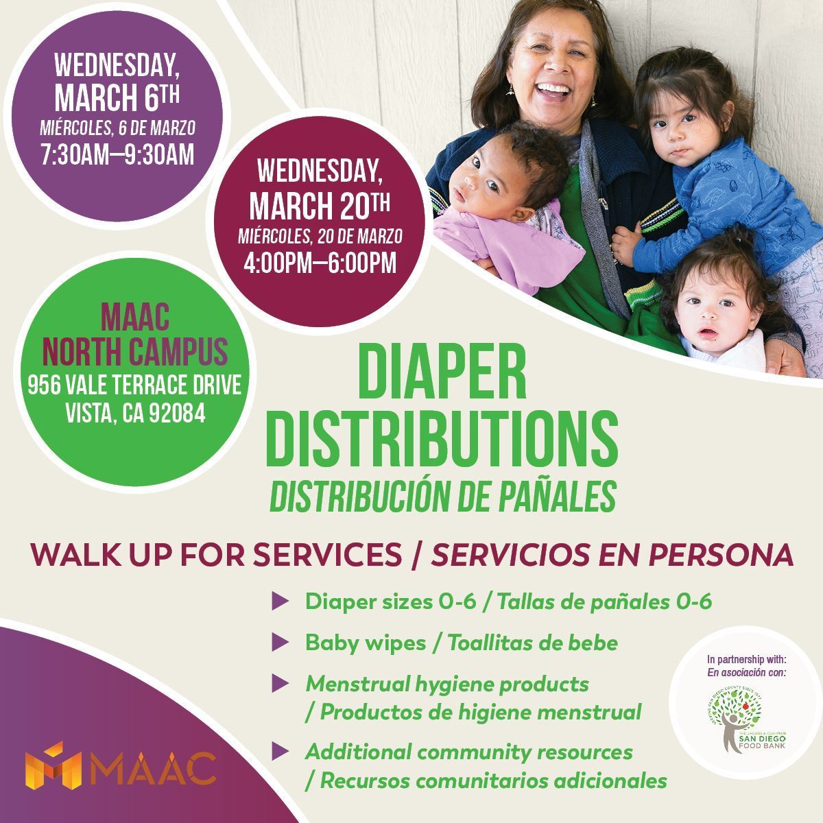 Our next diaper distribution is taking place this Wednesday, March 6th from 7:30-9:30 a.m. at MAAC's North Campus (956 Vale Terrace Drive Vista, CA 92084). Along with diapers, our team will also provide baby wipes, and menstrual hygiene products. #DiaperDistribution