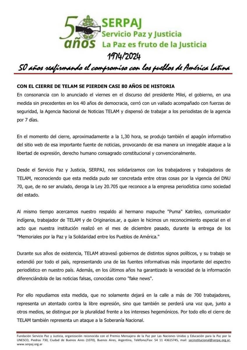 Comunicado del SERPAJ. Repudio por el cierre de la Agencia TELAM #NoAlCierreDeTelam #TelamSeDefiende