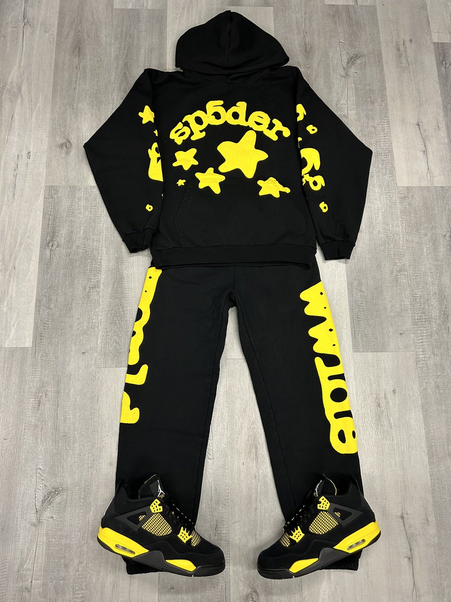 New SP5DER Onyx Yellow Beluga Hoodies &amp; Sweatpants In Store &amp; Online! Goes great with the Air Jordan 4 Thunder ⚡️
