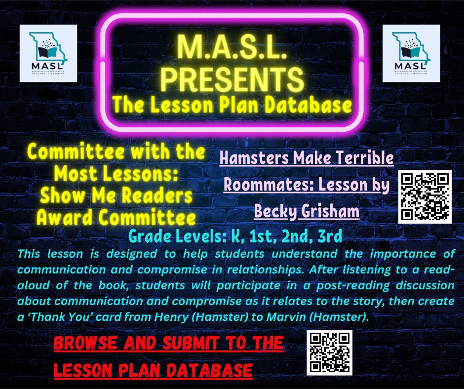 The MASL Lesson Plan database has many lessons for school librarians, created by school librarians. Check out a lesson from the MASL Committee who has submitted the most lessons to the database: The Show Me Readers Award Committee, masl.libguides.com/hamsters