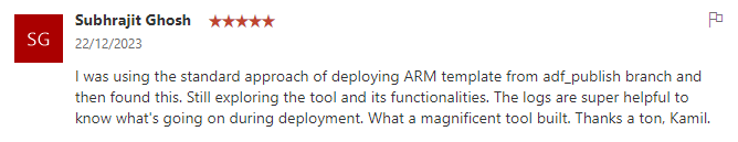 NowinskiK's tweet photo. "I was using the standard approach of deploying ARM template from adf_publish branch and then found this. (...) The logs are super helpful to know what's going on during deployment. What a magnificent tool built."
⭐️⭐️⭐️⭐️⭐️
#adftools #mvpbuzz #cicd
@AzDataFactory @Azure_Player https://t.co/s6zVqLrE8y