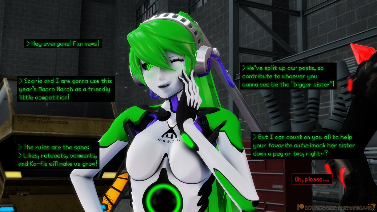 "Scoria's too mean! Maybe some giant cuddles from her "little" sister will mellow her out..."

This year's #MacroMarch #GrowthDrive is a simple sibling vs match!
Robit's starting at 6ft tall (1.82m):
❤️ = 1 in (2cm)
🔁 = 2 in (5cm)
💬 = 4 in (10cm)
☕️ = 1 ft (30cm) per "coffee"