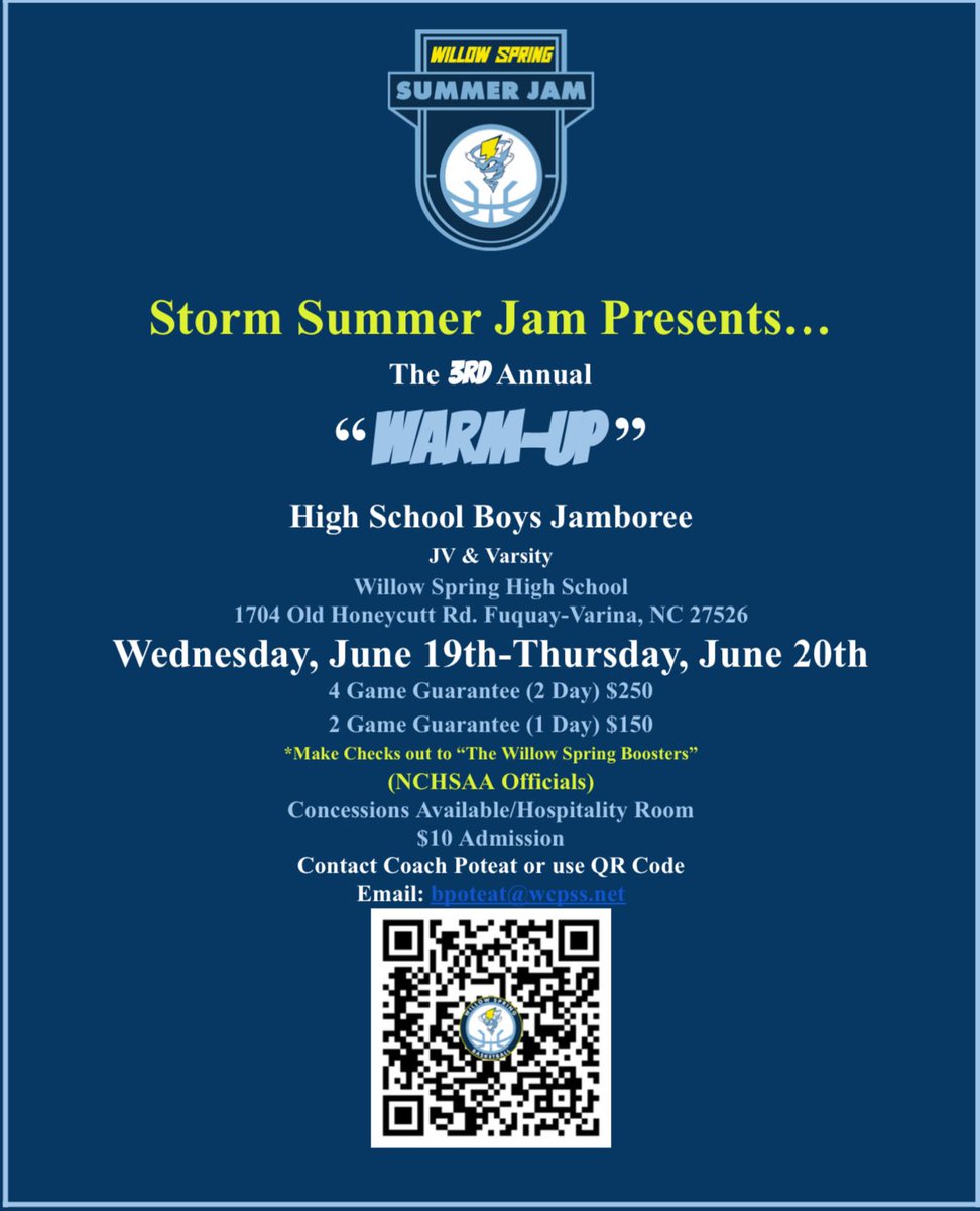The 3rd Annual <a href="/StormSummerJam/">Storm Summer Jam⛈🏀🌪⚡️</a> 
📆June 19th-20th
📍<a href="/WillowSpringHS/">Willow Spring High School</a>
⏰ 8AM-6PM
#SummerJamIII