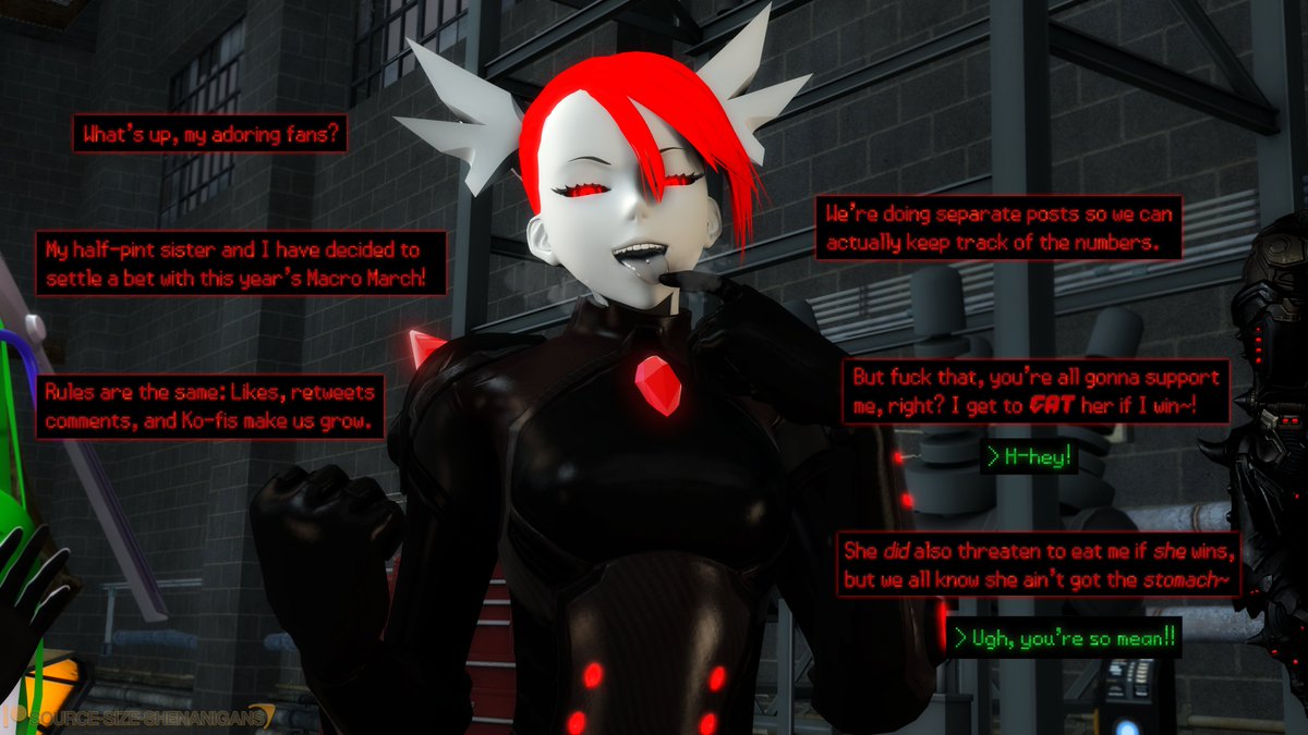 "Robit's too sweet! She'd have so much more fun if she just indulged a little! I'll show her~"

This year's #MacroMarch #GrowthDrive is a simple sibling vs match!
Scoria's starting at 7ft tall (2.13m):
❤️ = 1 in (2cm)
🔁 = 2 in (5cm)
💬 = 4 in (10cm)
☕️ = 1 ft (30cm) per "coffee"