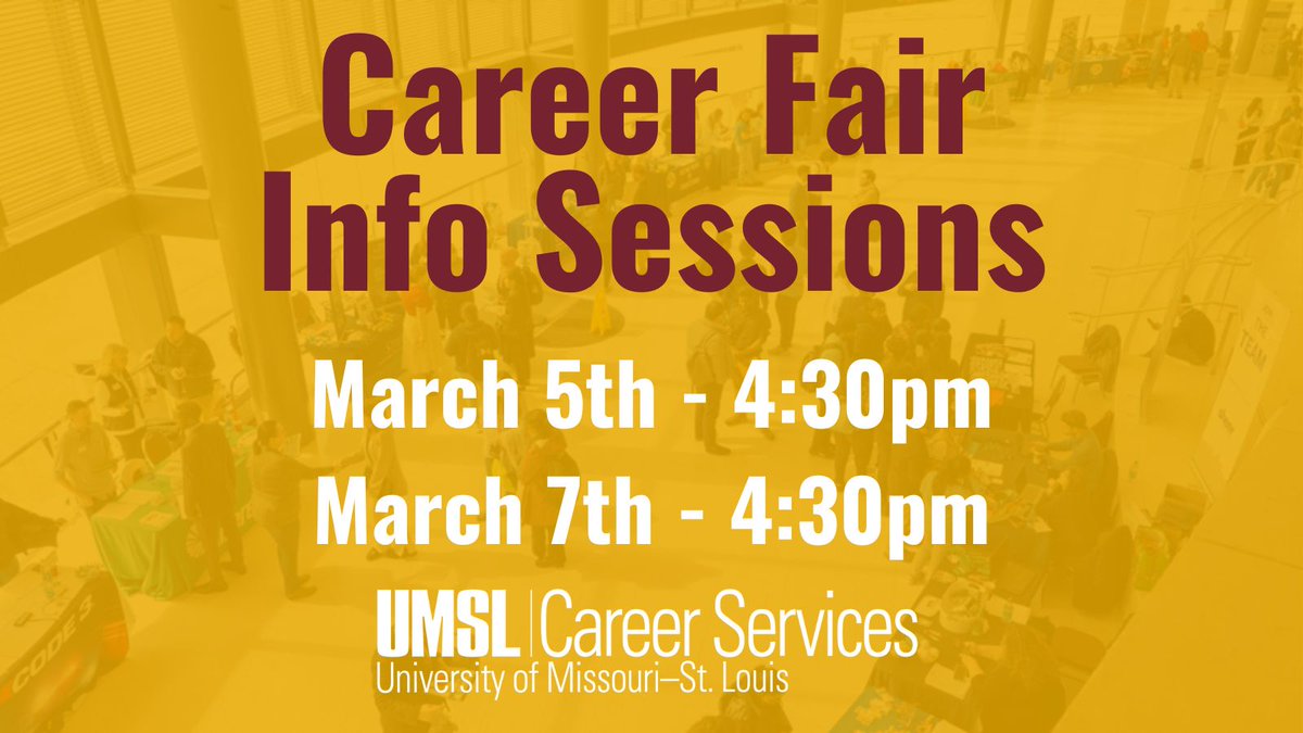 UMSLCareers's tweet photo. Want to learn more about how Career Fairs work ahead of our Fair? Come to an info session! We have two info sessions over zoom this week. Sign ups close at Noon the day of the session. 

Sign up here: https://t.co/mdWuGJnXiz https://t.co/smk54xVfqU