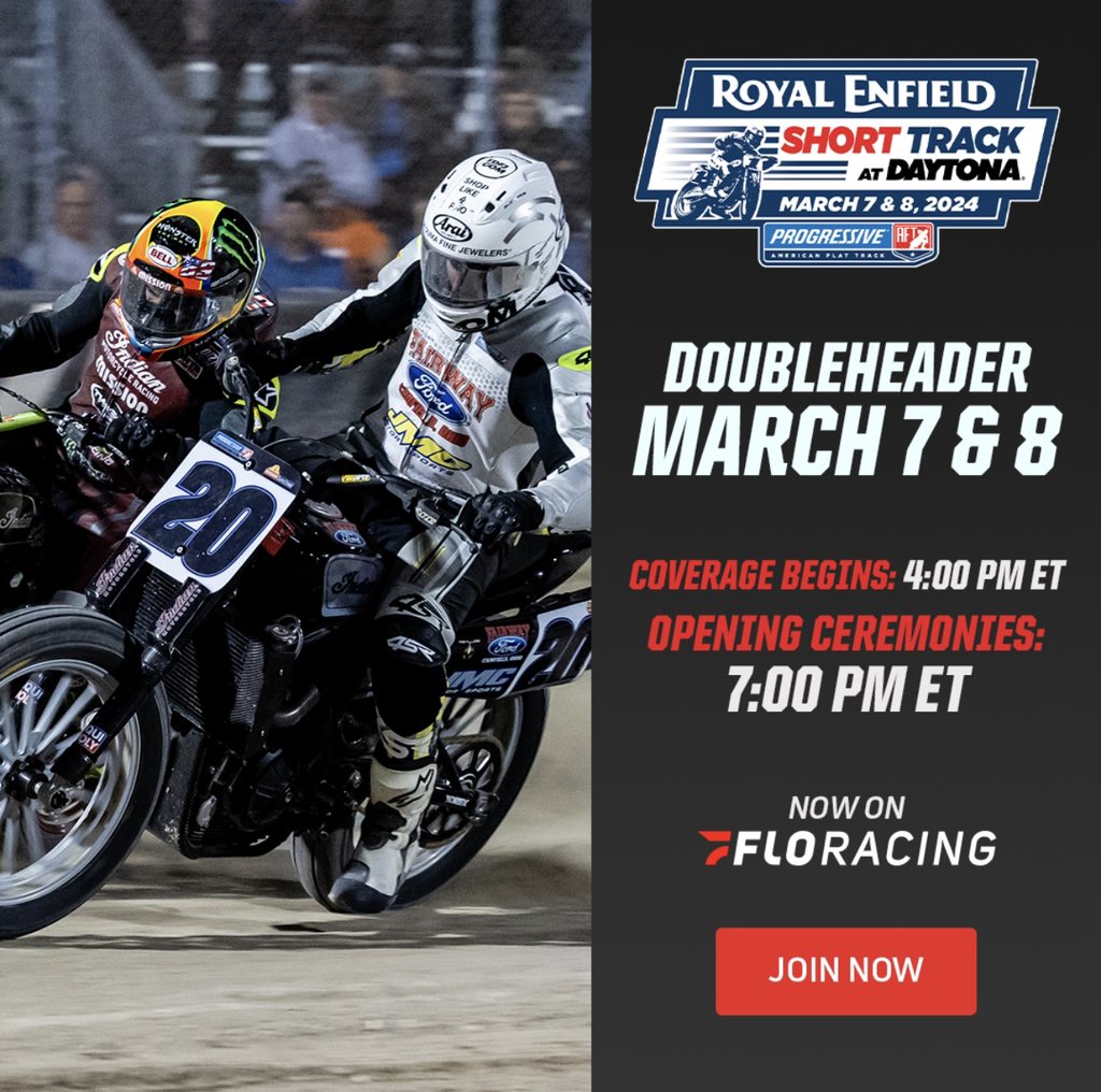 Three days until we kick off the 2024 American Flat Track season! 

Catch all the action at:
flosports.link/2024aft
#DaytonaST #ProgressiveAFT
