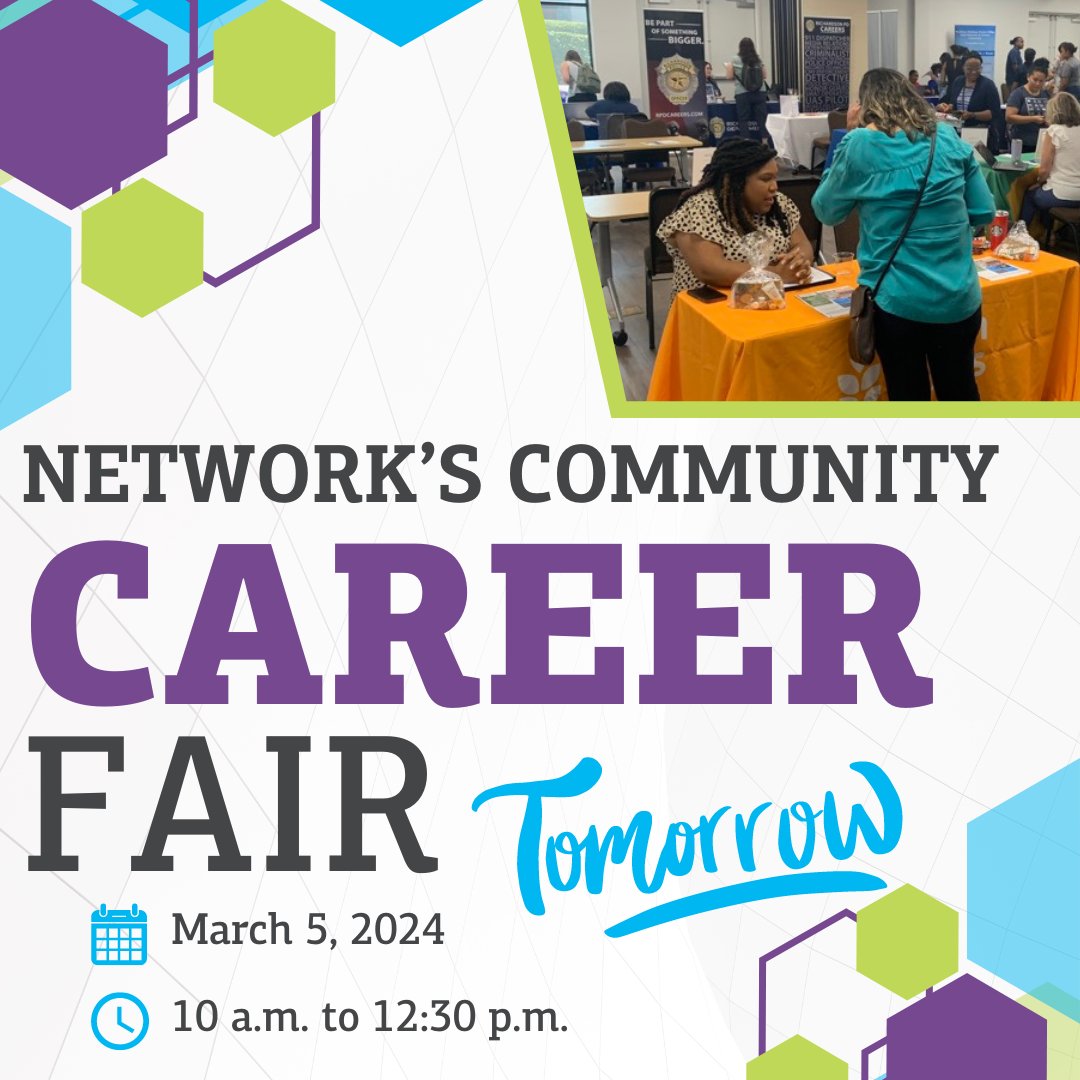 Don't forget– Network's Community Career Fair is being held TOMORROW from 10 a.m. to 12:30 p.m. Join us in the Career Room to speak with local employers and find the next step in your career. We have opportunities for all levels of education and experience, and all are welcome!