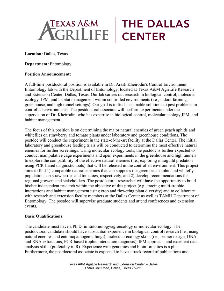 arkheirodin's tweet photo. I’m #hiring a postdoctoral research associate (Entomology) in my lab in Dallas; see attachment for details (the deadline is March 20). Please spread the word to anyone who might be interested.  #Entomology #Entopostdoc #postdoc #Ecology #insect #insects #Insectecology #biocon https://t.co/ZHXTnHQhVs