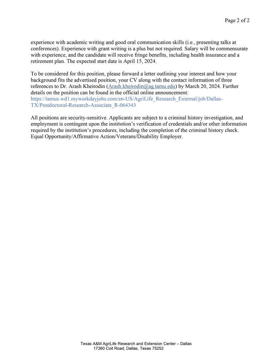 I’m #hiring a postdoctoral research associate (Entomology) in my lab in Dallas; see attachment for details (the deadline is March 20). Please spread the word to anyone who might be interested.  #Entomology #Entopostdoc #postdoc #Ecology #insect #insects #Insectecology #biocon