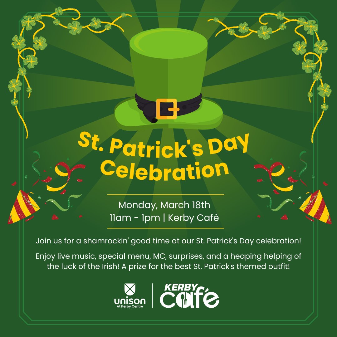 #UnisonCalgary Join us for a shamrockin' good time at our St. Patrick's Day celebration! Everyone's welcome at the #KerbyCafe!

#localcafe #yyclocal #yyclocalbusiness #localrestaurant #stpatricksday #olderadults