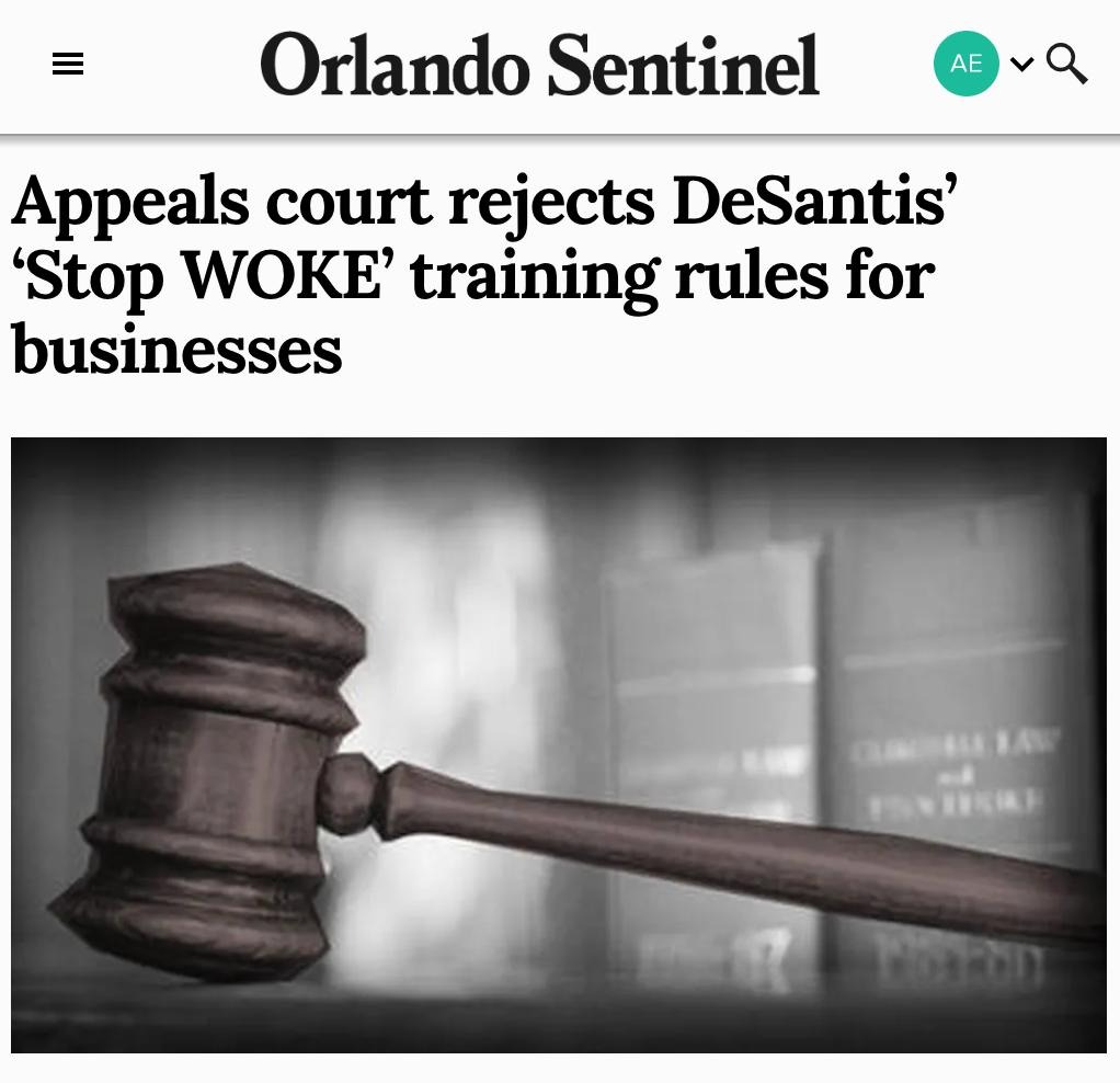 Another win for the 1st Amendment & another loss for DeSantis! 'A federal appeals court Monday rejected restrictions that Gov. Ron DeSantis and Republican lawmakers placed on race-related issues in workplace training, part of a 2022 law that DeSantis dubbed the “Stop WOKE Act.'