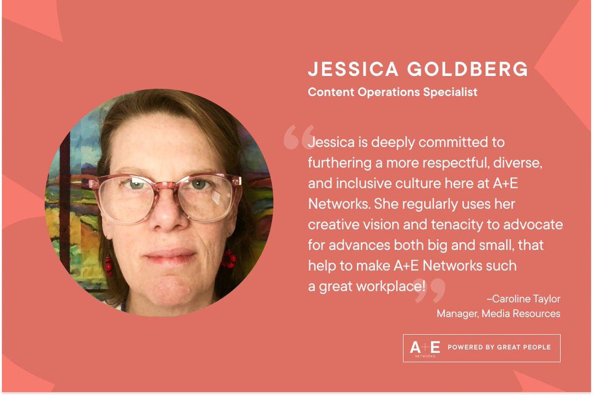 This #AEPeerAppreciation post is dedicated to Jessica Goldberg, nominated by Caroline Taylor. Thank you, Jessica, for using your creativity and tenacity to make A+E Networks such an inclusive and respectful workplace!