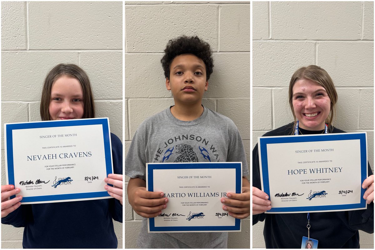 Congratulations to our Singers of the Month for the month of February!

Nevaeh Cravens- 6th Grade
Martio Williams Jr. - 7th Grade
Hope Whitney - 8th Grade

#RoarJagsRoar #SingJagsSing #YourVoiceMatters