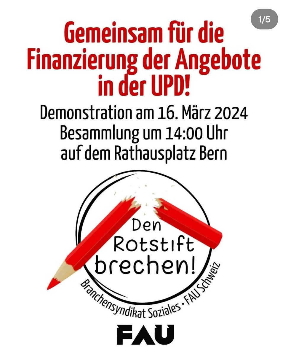 FauSchweiz's tweet photo. 16.03.24, 14:00 in Bern.
Kommt an die Demonstration gegen die Sparmassnahmen des Kantons und den Abbau von Angeboten an der UPD in Bern.

#UPD #Bern #FAU https://t.co/fVorg3Pw4R