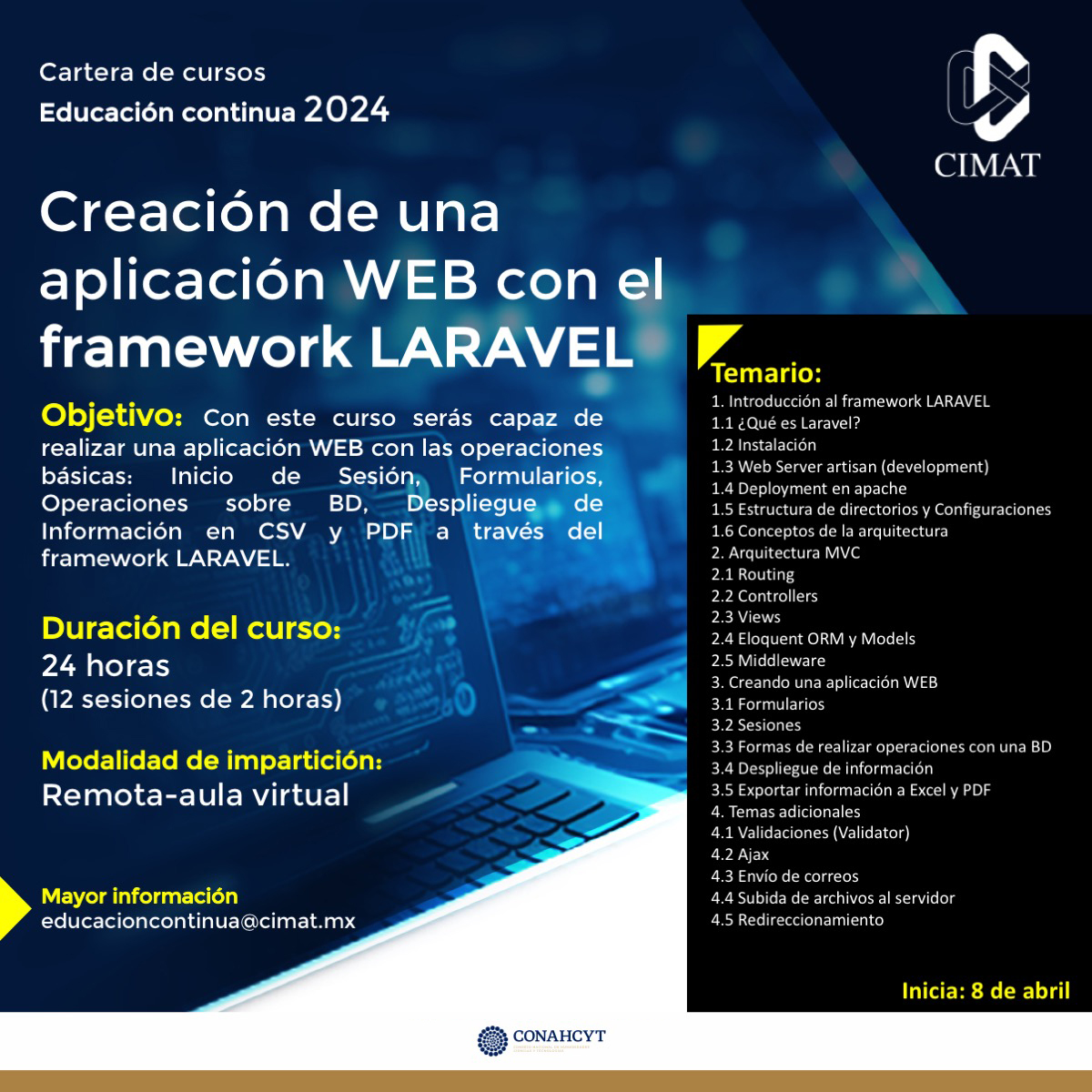 cimatoficial's tweet image. 🚀 ¡Conviértete en un creador de aplicaciones web con Laravel! 💻✨ Aprende desde inicio de sesión hasta despliegue en CSV y PDF. 
¡Inscríbete ya para dominar el arte del desarrollo web! 🌐 
Mayor información: educacioncontinua@cimat.mx
#CursoLaravel #DesarrolloWeb