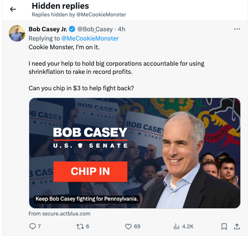 I'm dying. @Bob_Casey has tweeted at the Twitter accounts for both Cookie Monster and Grover (from Sesame Street). Cookie Monster HID CASEY'S REPLY.