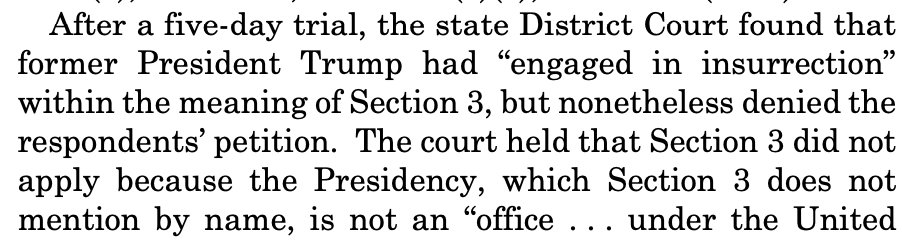 neal_katyal's tweet photo. Joining @TheBeatWithAri for #OpeningArguments at 6 to talk about SCOTUS decision, and how Trump had a technical victory. Most impt, SCOTUS described how the lower court adjudicated Trump to be an insurrectionist (see excerpt below)&amp;how SCOTUS did not disturb that finding at all. https://t.co/n2jfesaE3y